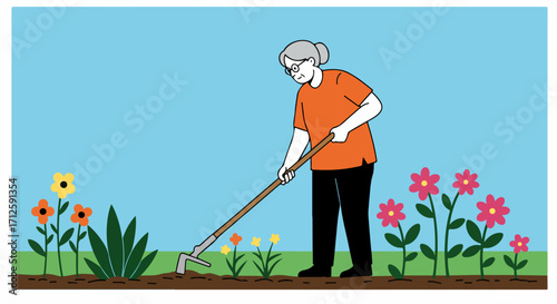 Gardening hobby shown with elderly woman using gardening tool in garden for hobby. Enjoyable gardening hobby activity requires care and attention to keep the flowers blooming.