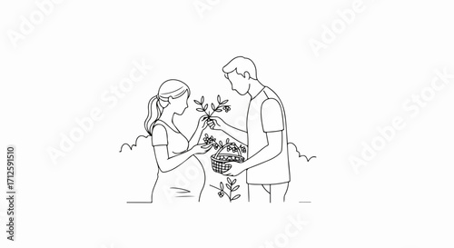 Line art shows future parents holding potted plant, symbolizing growth and new beginnings. Couple prepares for parenthood with care and affection,