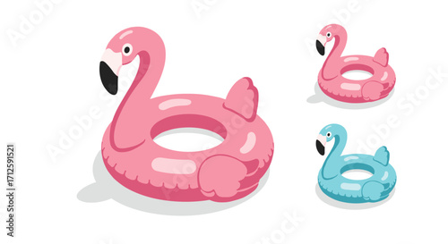 Colorful flamingo pool floats on white background