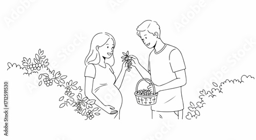 Expectant couple offering flowers, showing love and tenderness in black and white illustration. Expectant couple holding flowers, demonstrating tenderness and affection.