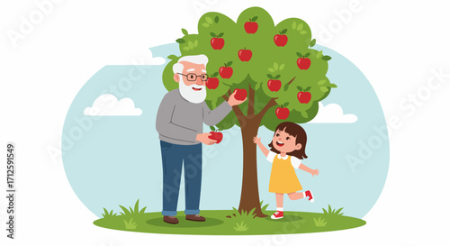 Apple picking with grandfather and girl reaching for fruit in orchard. Apple picking together with family is lovely activity, harvesting ripe apples in autumn.