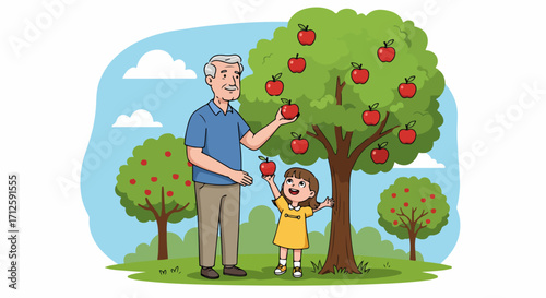 Grandpa with granddaughter harvesting apples from apple tree in garden, a heartwarming scene. Grandpa helping young granddaughter to pick fresh, red apples.