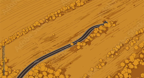 Winding road through autumn fields with golden trees providing picturesque scenery. Autumn fields are a beautiful sight, showcasing nature's transition with a winding road cutting through it.