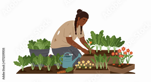 Garden activity with young woman caring for plants in raised beds. Garden activity involves careful planting and nurturing of vegetables and flowers. Enjoy garden activity,