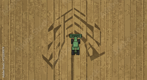 Aerial view tractor cultivating land, creating decorative arrow patterns on cultivated land. Cultivating land preparation involves machinery, field, and soil management, resulting in abstract art.