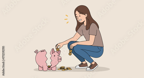 Girl putting coins in broken piggy bank to save money to cover economic crisis, financial problem. Save money or savings concept to avoid bankruptcy.