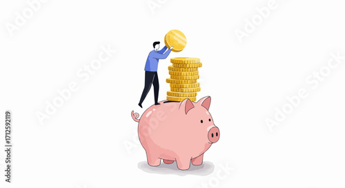 Saving money with piggy bank illustration on white background, depicting concept of personal finance, investment and budget management. Concept saving money with piggy bank for future investments,