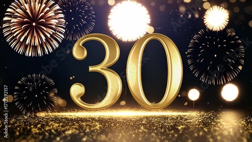 Golden 30 number with festive fireworks, great for milestone birthdays, anniversaries, and celebratory events.