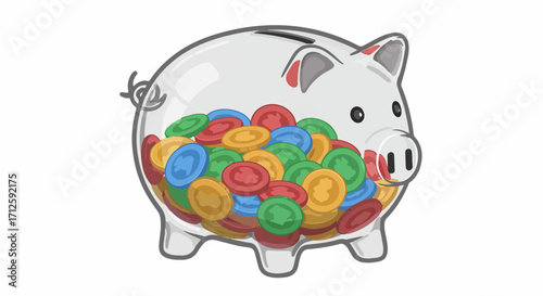 Transparent piggy bank filled with colorful coins, showing savings accumulation. Piggy bank displays wealth and financial concept, suggesting prosperity.