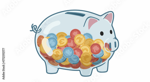 Transparent piggy bank filled with colorful coins on white background, demonstrating saving money, saving money concept. This transparent piggy bank shows accumulation of wealth in creative way.