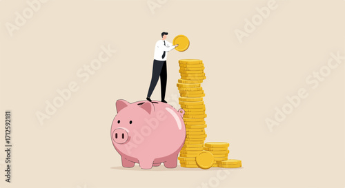 Saving money with piggy bank and gold coins, illustration showing financial security. Saving money for future, man putting coins in piggy bank depicts accumulation of assets and wealth.