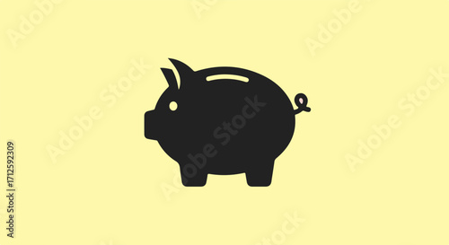 Piggy bank icon in black silhouette on a soft yellow background. Piggy bank represents savings and financial security, demonstrating value and money, it symbolizes wealth and thriftiness.