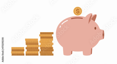 Saving money illustration shows pink piggy bank with golden coins forming financial growth. Saving money, shown as wealth accumulation, includes piggy bank with coin and stacks.