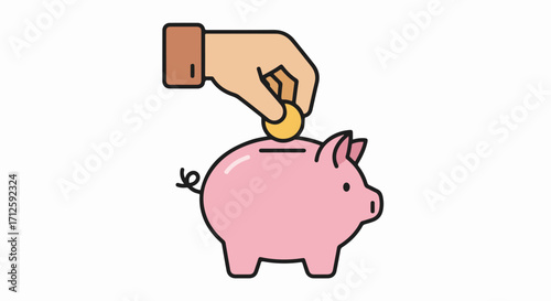 Saving money with piggy bank and gold coin shows financial planning and budget management. Saving money for future needs depicted as hand puts coin in piggy bank, emphasizing financial literacy.