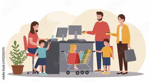 Family shopping at supermarket with happy parents and kids paying at checkout counter. Family shopping trip showing father and mother paying for groceries with credit cards, and children.