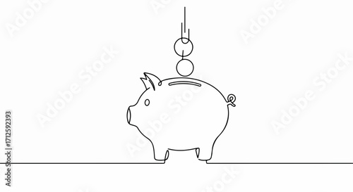 Line art illustration of piggy bank with coins dropping in, perfect for representing saving money. Saving money, this financial concept is shown with savings and investment,