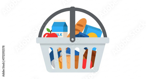 A shopping basket full of groceries, including milk, bread, apple, and other food items, perfect for illustrating grocery shopping