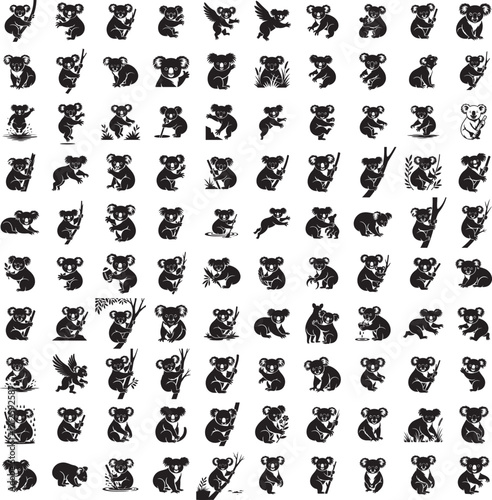 Koala full black silhouette set in various poses