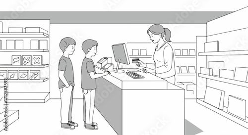 Line art illustration showing retail checkout with cashier serving young customers. Retail checkout involves paying with credit card at counter in store.