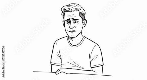 Sad person expressing loneliness and despair, in black and white sketch, with downcast expression. Sad person with melancholic eyes illustrates solitude and feeling isolated.