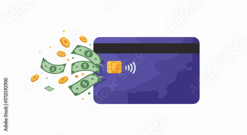 Paying with card concept featuring bank card on white background with money and coins flowing out. Payment with card showcases simple transaction for online shopping, credit, and financial services.