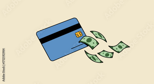 Credit card payment shown with flying cash on light background, suggesting financial transactions. Credit card payment transactions portrayed with money flowing, implying ease and convenience.