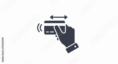 Contactless payment with dark gray hand holding credit card over white background.