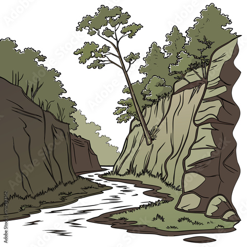 A winding river flows through a canyon with steep rocky cliffs and lush green trees