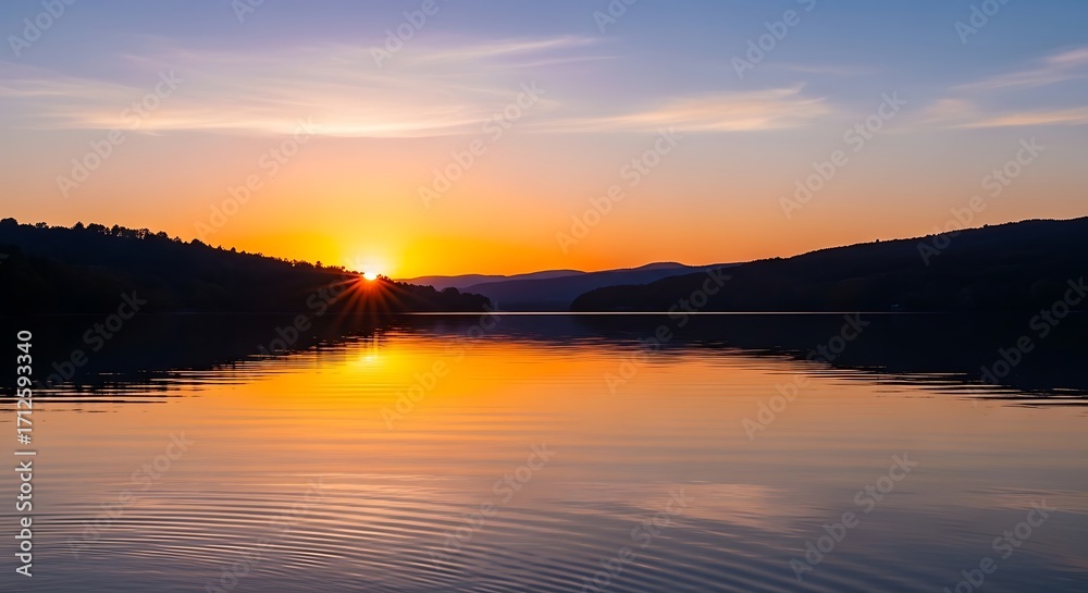 Fototapeta premium Golden sunset reflection on a calm lake with silhouetted hills.