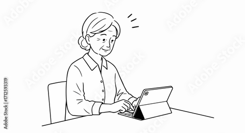 Senior woman using tablet for communication at home, sketching style illustrates connection. Senior woman using tablet for staying connected and active, enjoying modern technology.