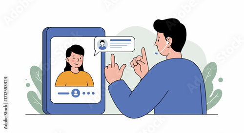 Virtual meeting illustration shows man using phone for virtual meeting, speaking with colleague remotely. Virtual meeting facilitates communication in digital era, business, or study.