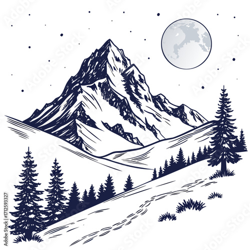 Majestic snowy mountain peak under a full moon and starry night sky with pine trees
