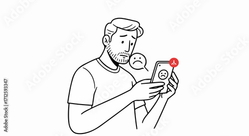 Man looking at phone with sad notification alert, feeling anxious and concerned, sad notification alert displayed on screen.