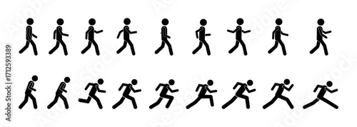 Stickman walking and running poses. Silhouette figure showing movement cycle from walking to sprinting. Vector icons of human activity, sport, exercise, fitness, and everyday motion sequence illustrat