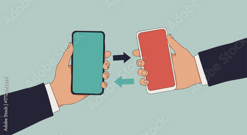 Sending data concept with hand holding phones for data transfer illustration. Sending data with smartphone connecting to another.