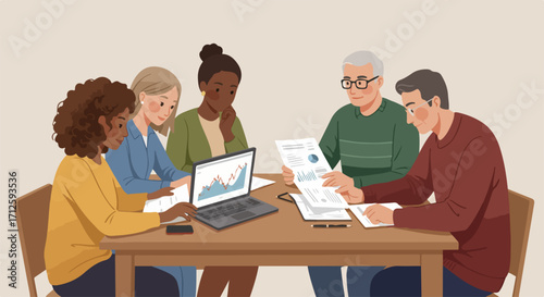 Diverse work team engaged in collaborative discussion around table. Diverse work team analyzes reports and a laptop displaying charts, showcasing teamwork and problem-solving.