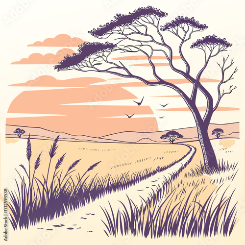 Serene african savanna landscape with acacia tree and winding path at sunset