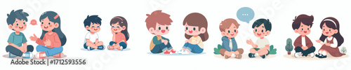 vector two small children sitting talking happily