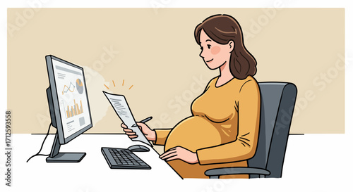 Expecting employee looks at charts and financial papers in home office. Pregnant worker evaluates reports and documents at desk, managing business analysis, monitoring project progression.