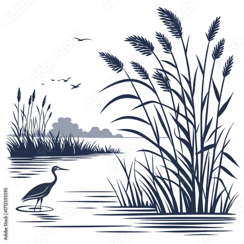 Serene silhouette of a heron standing in calm water amidst tall reeds and flying birds