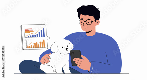 Young man with his dog looking at phone screen with business data. Business data presented on phone. Man is sitting with a dog and checks business data,