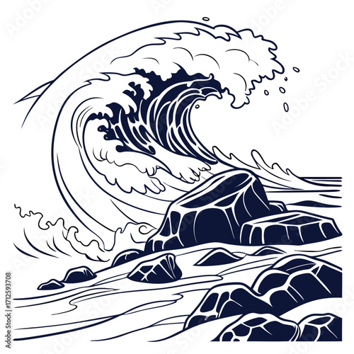 Stylized dark blue wave crashing onto a rocky shore with white background and minimalist design