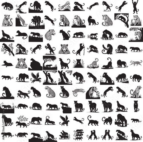 Leopard full black silhouette set in various poses