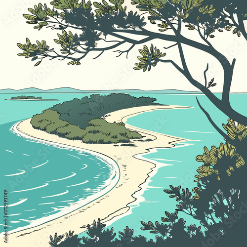 Serene tropical island with lush green trees and a crescent shaped sandy beach meeting turquoise ocean waters