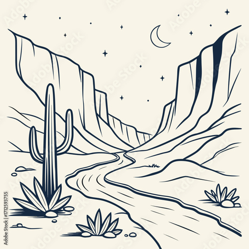Stylized desert canyon landscape with a winding river under a starry night sky and crescent moon