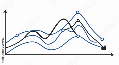Stock market chart showing rising and falling lines for financial analysis. Stock market chart illustrates trend analysis with various graphs and points, data represented visually.
