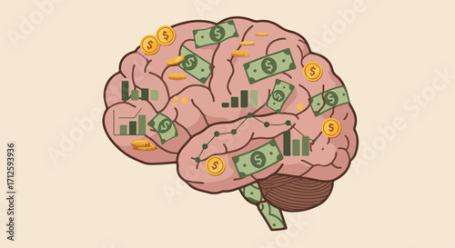 Money mindset displays money on brain with coins and banknotes. Money mindset shows investments and earnings on cerebral organ.