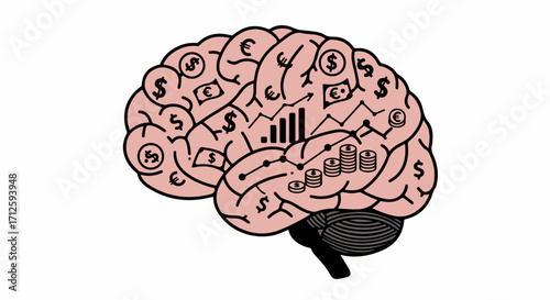 Business mindset depicted with brain filled with financial symbols and increasing graphs on white background. Business mindset highlights monetary growth, investment ideas,