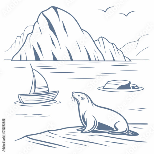 A playful seal sits on a rocky shore watching a sailboat on the water with mountains in the background
