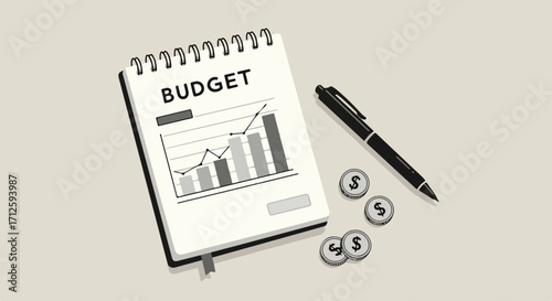 Budget planning with notebook and pen alongside dollar coins on neutral surface provides finance analysis. Budget depicted in planning graphs for financial assessment, projecting income and expenses.